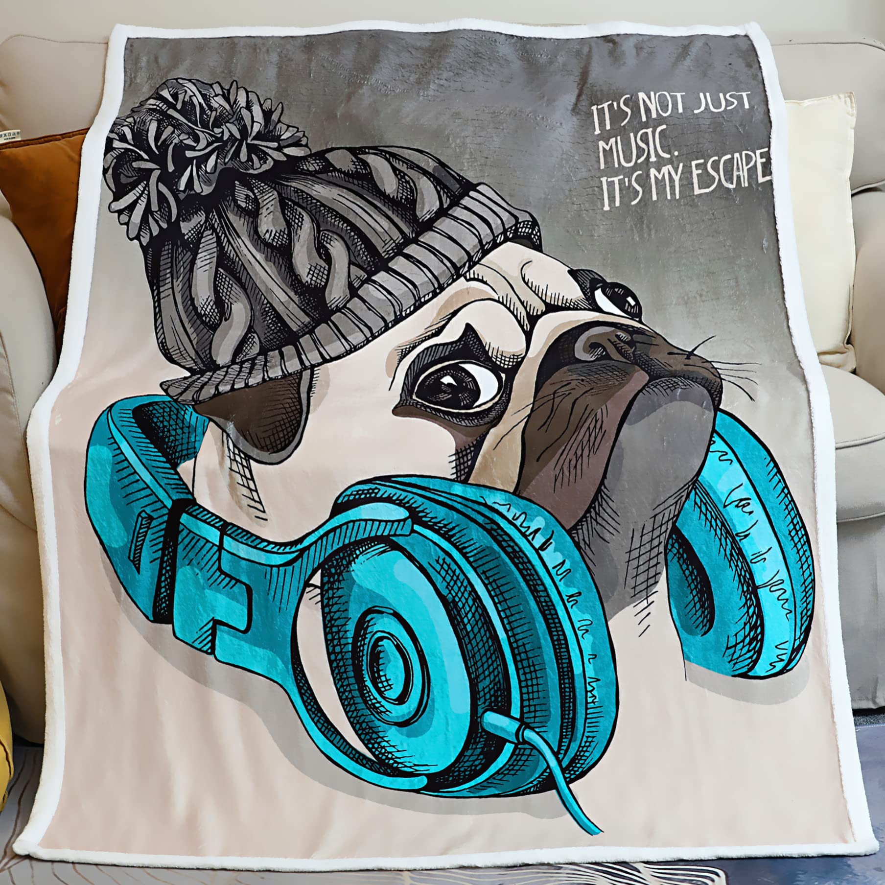 Famitile Pug Blanket, Cool Listening To Music Puppy Blanket Super Soft Pug Stuffed Animal Blanket Pugs Gifts For Pug Lovers (Pug